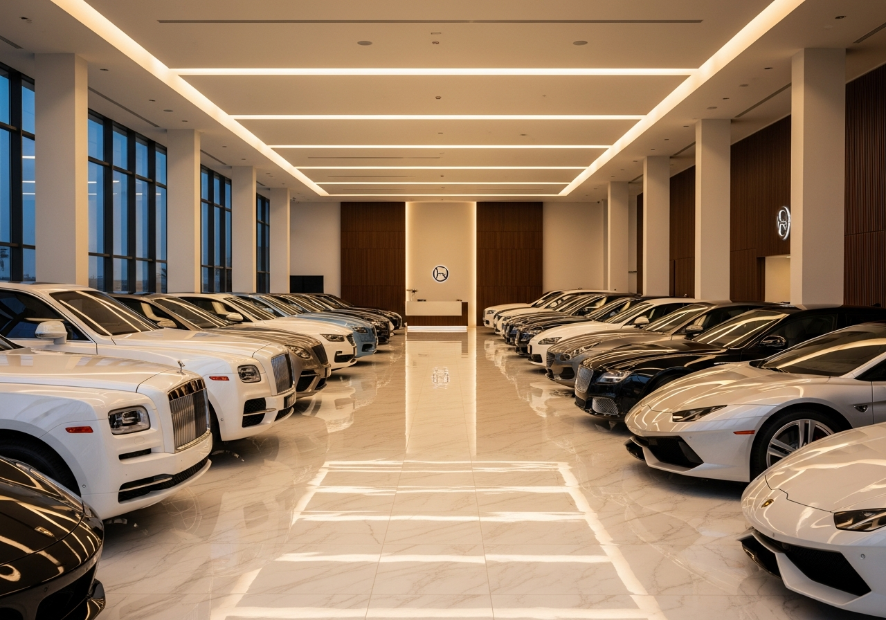KishRent showroom in Muscat, Oman with premium rental vehicles on display